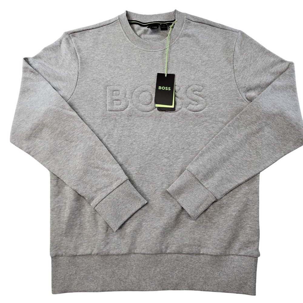 Boss Sweatshirt Mens L Gray Pullover Fleece Crewneck Embroidered Logo Tags